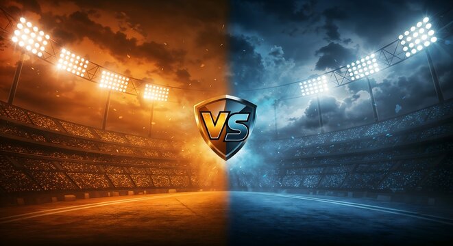 Vibrant cricket event template displaying a stunning stadium atmosphere, with bright lights and a central ‘VS’ logo, perfect for social media posts and marketing for cricket competitions.