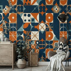 interior of the house with a window, color block walpaper