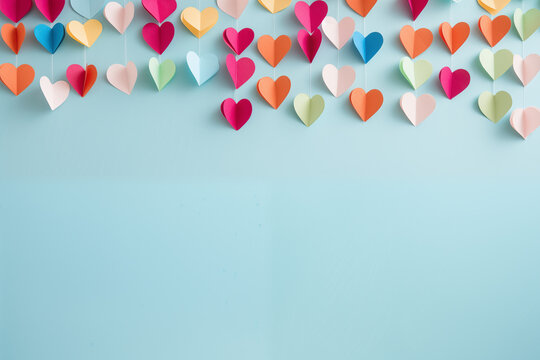 A handmade garland of colorful paper hearts on a solid wall background. Valentine's Day, birthday, wedding, anniversary, party concept with copy space.