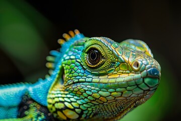 Fototapeta premium Striking close up of a vibrant lizard, highlighting its intricate scale patterns and captivating colors