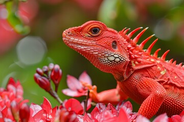Fototapeta premium Earless agamid lizard is showing its red skin and scales while resting on a red flower