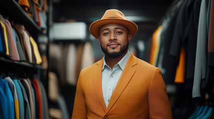 stylish man in orange suit and hat stands confidently in clothing store, surrounded by colorful garments. His expression exudes charm and sophistication.