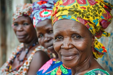 Fototapeta premium Three generations of african women wearing colorful headwraps smiling