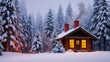 Cozy Cabin Nestled Amongst Snow Covered Pine Trees
