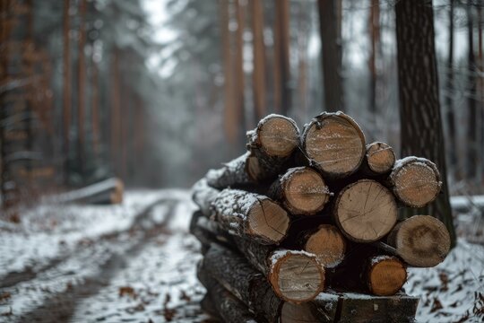 Stack of firewood covered with snow in snowy forest during winter