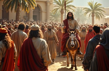 Jesus rides donkey on Palm Sunday. Large crowd follows through city street. People wear traditional clothing. Palm trees line street. Religious art. Man on donkey surrounded by people. Religious