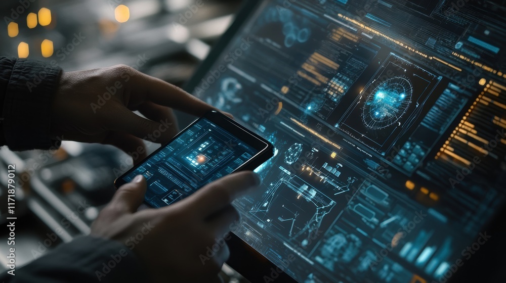 Poster software engineer immersed in a dark room, using a smartphone and computer with a futuristic interfa