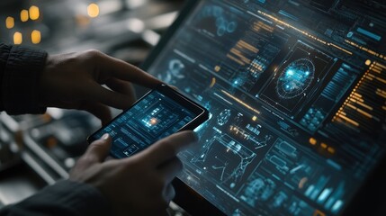 Fototapeta premium Software engineer immersed in a dark room, using a smartphone and computer with a futuristic interface, analyzing data and developing innovative software solutions