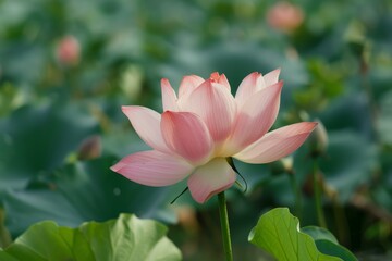 Pink lotus flower blooming in a pond, surrounded by green leaves