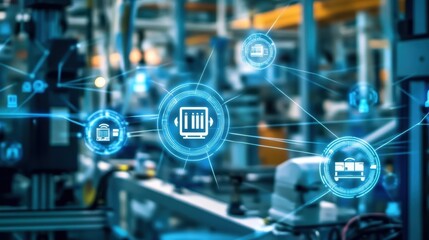 Futuristic icons illustrating data exchange and automation shine against a modern factory backdrop, embodying the essence of industry 4.0 and the industrial internet of things