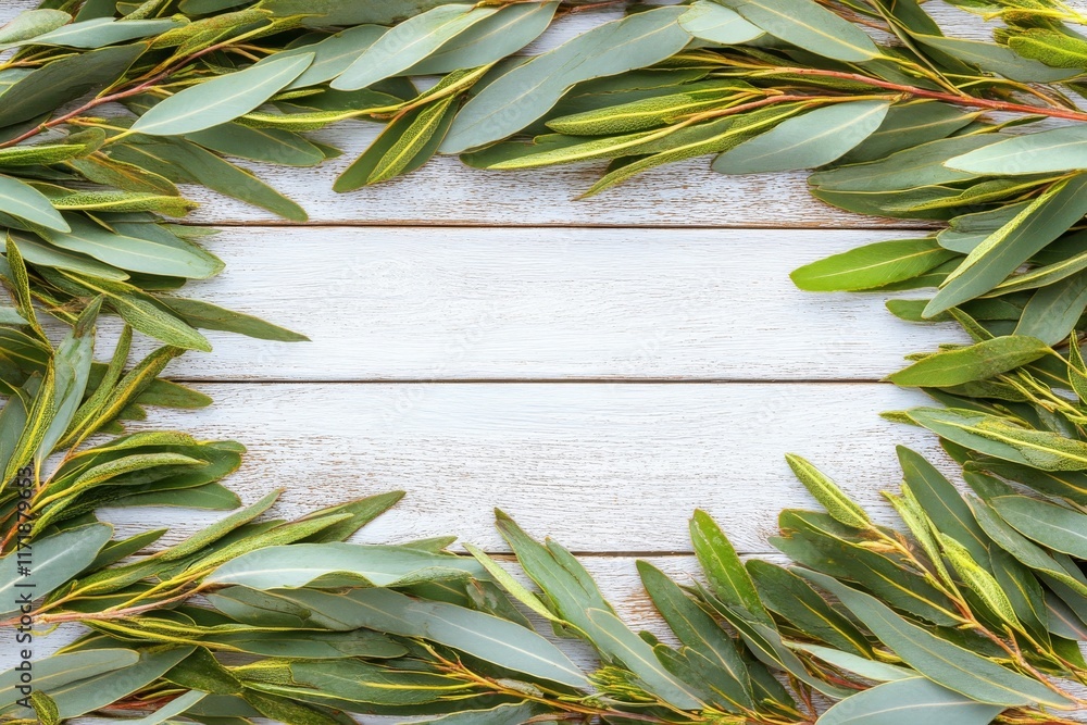 Poster white background with eucalyptus leaves. surrounded by eucalyptus branches. flat, top view, includes
