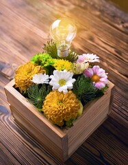 fleurs dans un carton pour offrir en ia avec une ampoule