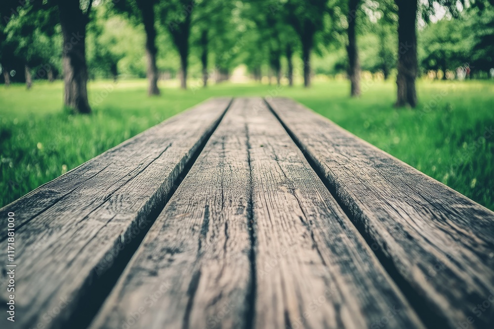 Poster green bokeh fills the scene with an empty wooden table top, emphasizing the space available for the 