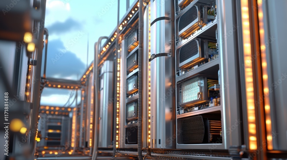 Poster modern server racks with glowing orange lights illuminate a data center at dusk, creating a futurist