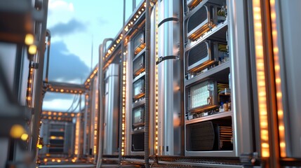 Fototapeta premium Modern server racks with glowing orange lights illuminate a data center at dusk, creating a futuristic atmosphere of advanced technology and data processing