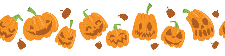 Seamless border with cute cartoon pumpkins. Halloween. Background white. Vector illustration