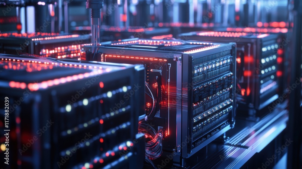 Poster quantum computing server performing complex calculations with red lights indicating activity, highli