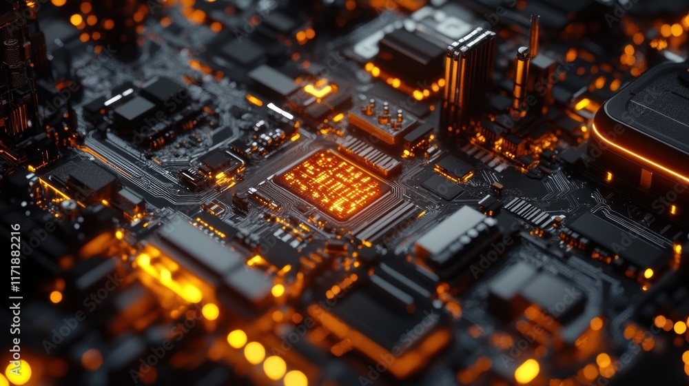 Poster complex electronic circuit board featuring glowing orange components and dynamic data flow, highligh