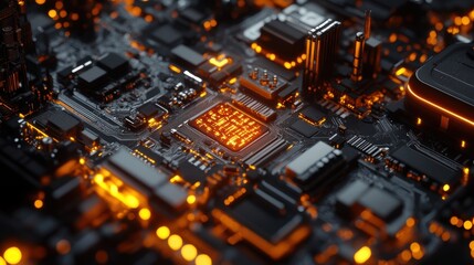 Obraz premium Complex electronic circuit board featuring glowing orange components and dynamic data flow, highlighting advanced technology and intricate connections within modern computing systems