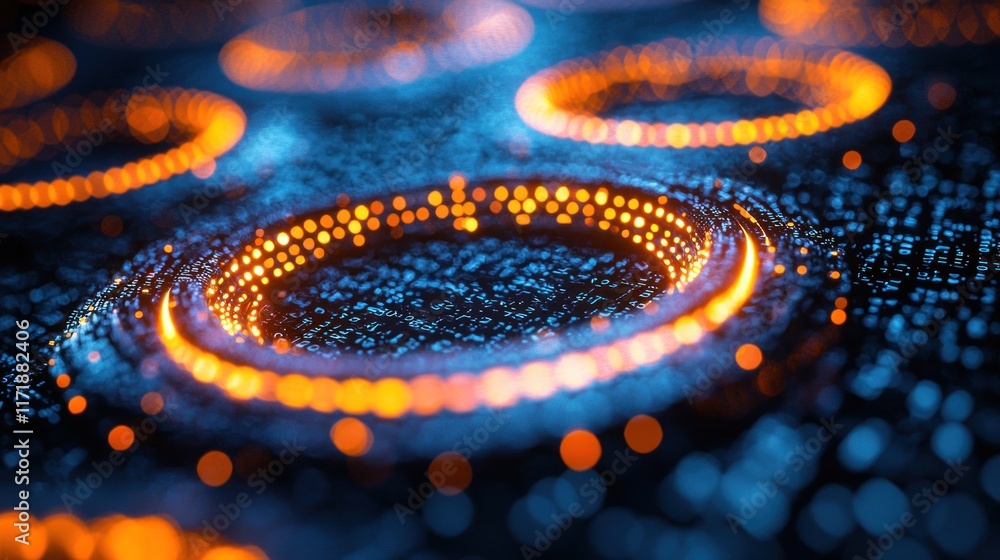 Poster glowing neon data rings - abstract futuristic circular patterns of illuminated lights