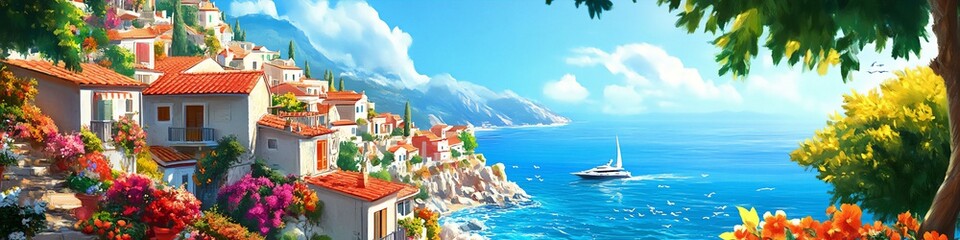 Naklejka premium Beautiful Mediterranean seaside town with bright sunlight and vibrant summer atmosphere