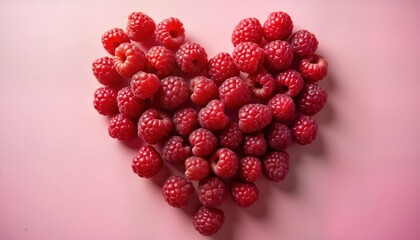 Ripe raspberries arranged in heart shape on vibrant pink background. Freshness, vibrancy highlighted. Delicious fruit design perfect for food themed valentine day concept summer time theme. Love