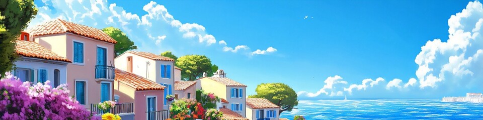 Fototapeta premium Beautiful Mediterranean seaside town with bright sunlight and vibrant summer atmosphere
