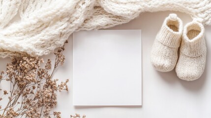 Baby shoes. Nursery frame mockup, vertical white wooden frame  for baby room art, baby shower announcement, top view, flat lay
