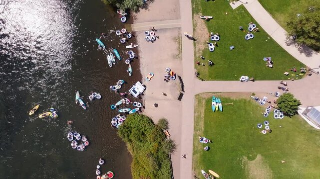 Adventurous Waters: Aerial Drone Shot of the Deschutes River with River Rafting in Bend, Oregon