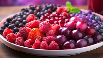 A colorful array of fresh berries, including raspberries, strawberries, and grapes, arranged on a plate.