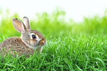 On a pristine white background, a funny bunny or baby rabbit, adorned in gray fur and long ears, celebrates Easter Day
