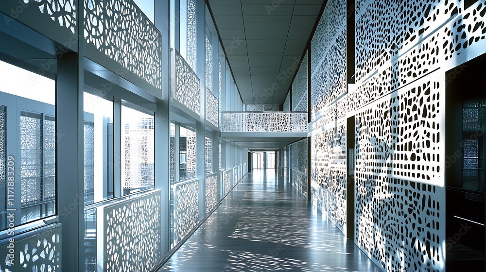 Aufkleber Contemporary Architectural Design With Intricate Sunlight Patterns In A Modern Building : Generative AI