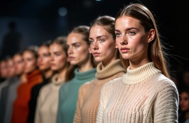 Fototapeta premium Models posing on catwalk. Fashion show featuring various women in stylish sweaters. Fashion week event. Focus on models with blurred background. Stylish look. Trendy collection presented. Luxury