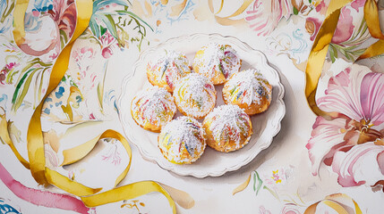 Colorful Traditional Venetian Carnival Pastries with Powdered Sugar on Floral Background - Art Concept of Celebration Culture and Festivity