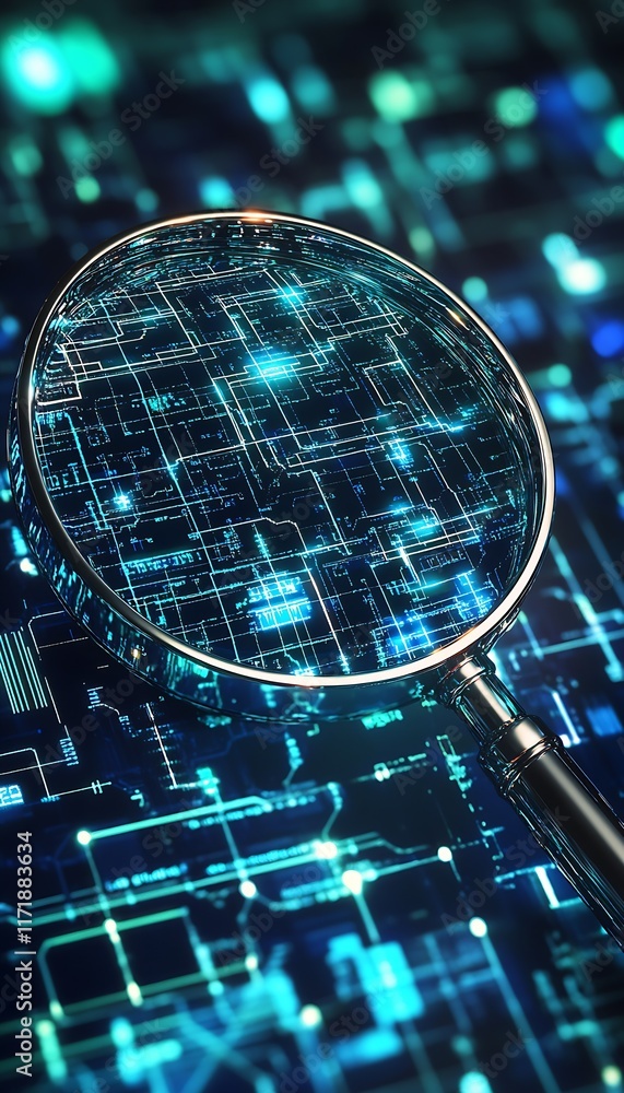 Poster Magnifying Glass Analyzing Cyber Digital Network with Futuristic Circuit and Data Patterns : Generative AI