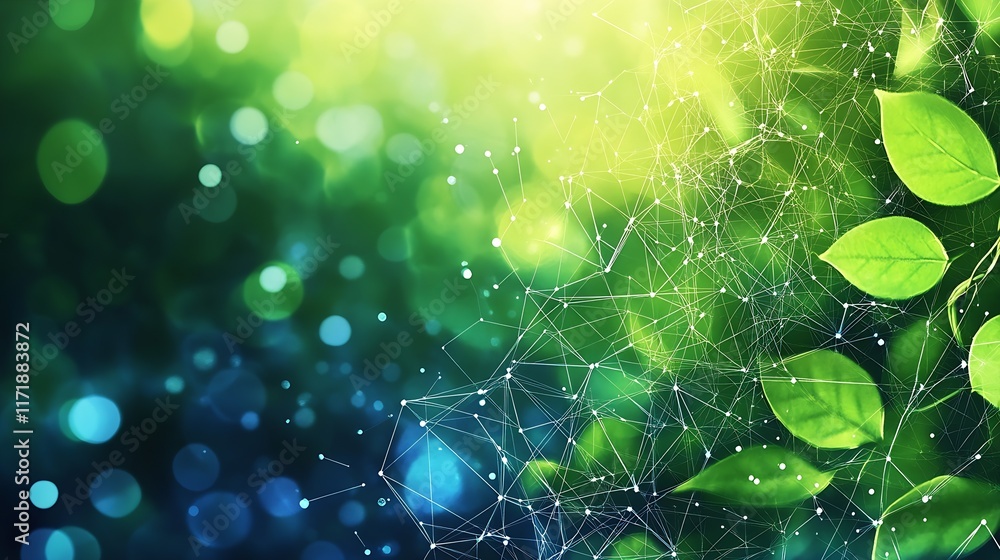 Poster abstract digital network connecting nature leaves green background : generative ai