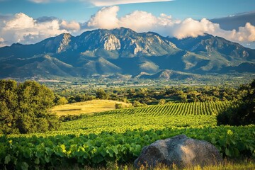 Obraz premium Springtime arrives in the Salinas Valley of central California as a sprinkler system irrigates rows of lettuce on farmland in Monterey County under partly cloudy skies