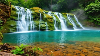 Fototapeta premium Mossy Waterfall Cascades Into Turquoise Pool