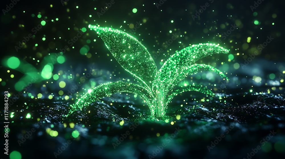 Poster Sparkling Digital Green Plant Illuminated by Glowing Dots Symbolizing Growth and Sustainability : Generative AI