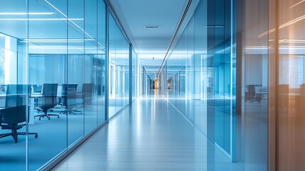 Obraz premium Modern Office Corridor with Glass Walls and Desks Depicting Contemporary Business Environment : Generative AI