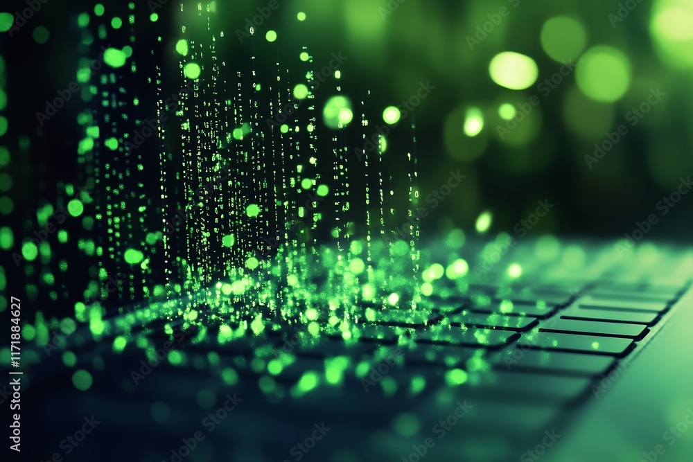 Leinwandbilder Green Digital Matrix Over Laptop Symbolizing Technology and Data Networks in Cyber Digital World : Generative AI