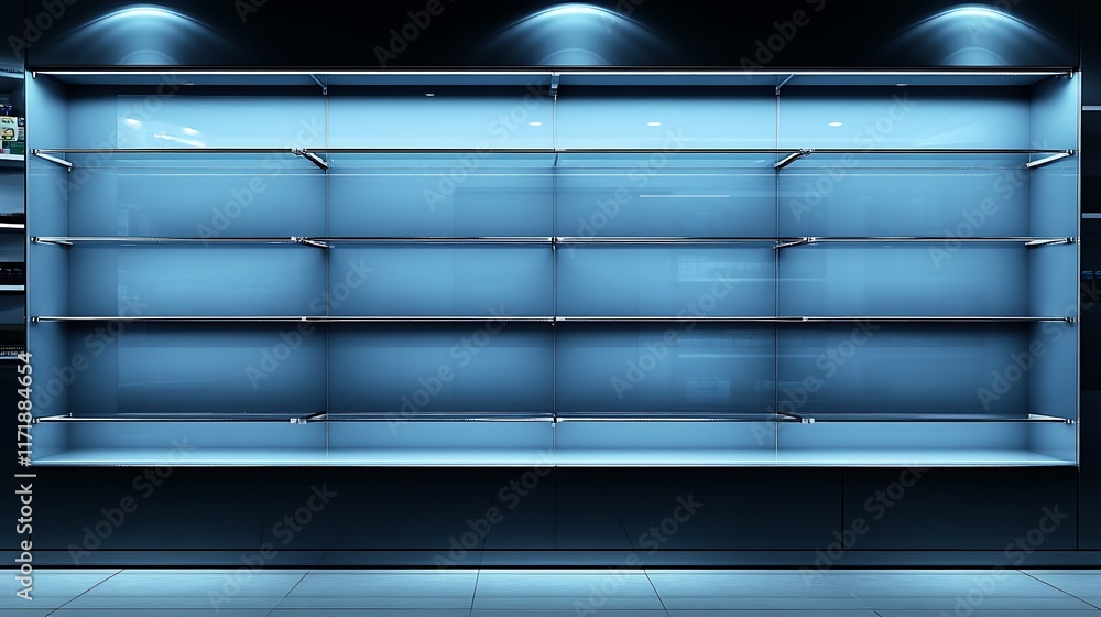 Poster Modern Retail Display with Empty Blue Shelves in High-Tech Environment : Generative AI