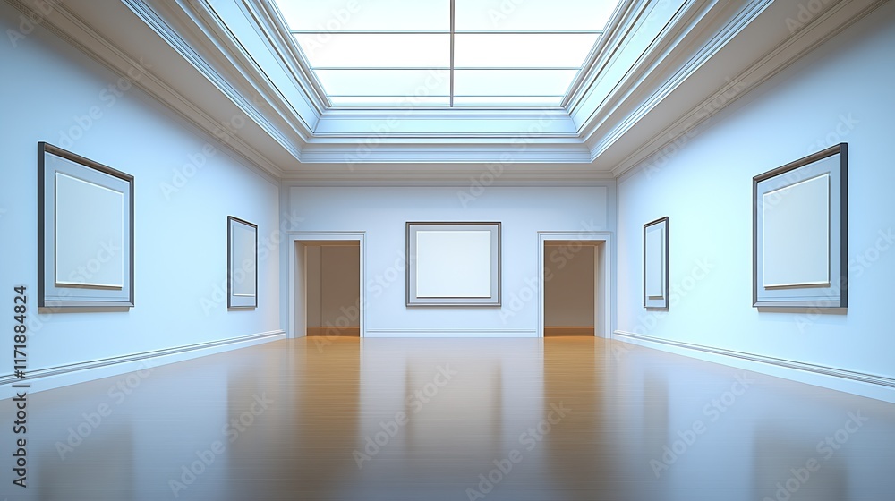Poster Modern Art Gallery Interior with Skylight and Empty Frames Display : Generative AI