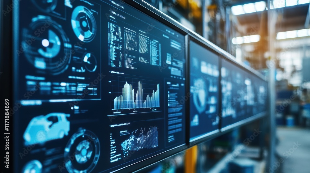 Poster multiple computer screens display various data visualizations, charts, and statistics, suggesting a 