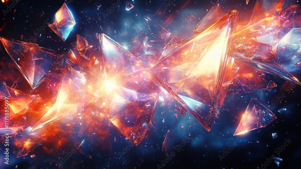 Poster abstract cosmic explosion of light and color with glass shards and dramatic movement