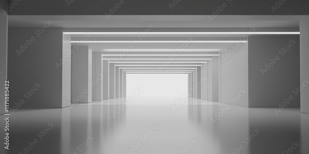 Poster futuristic minimalistic hallway with geometric design and white lighting : generative ai