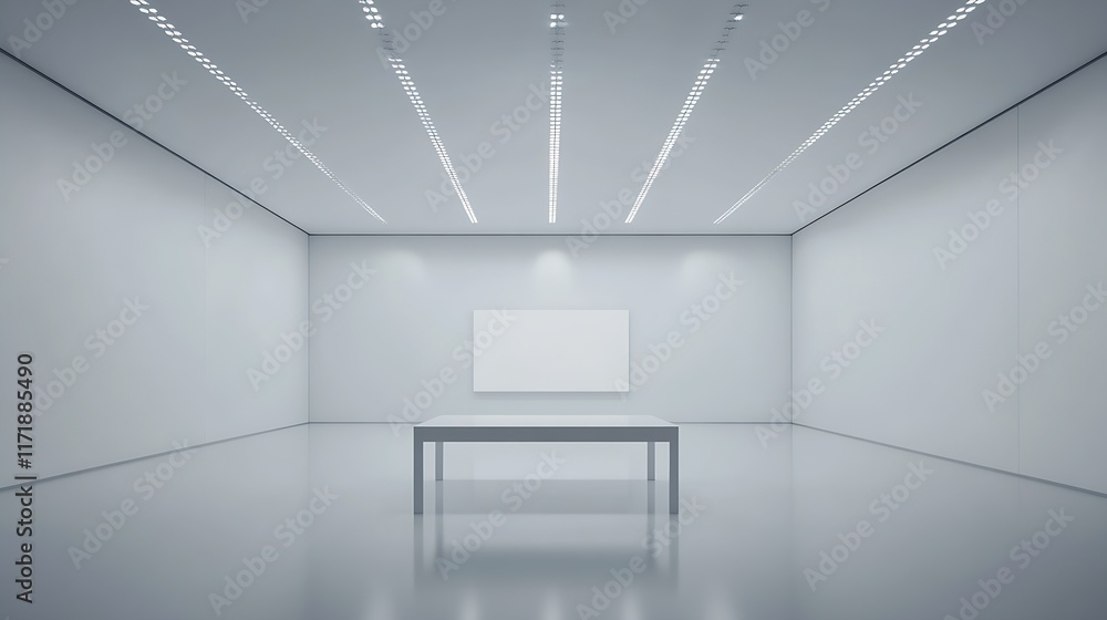Poster Minimalist White Room with Illuminated Ceiling and Central Table Design : Generative AI
