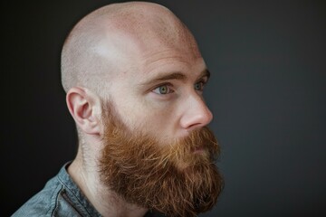Obraz premium Close up profile of a serious man with shaved head and long red beard gazing thoughtfully into the distance