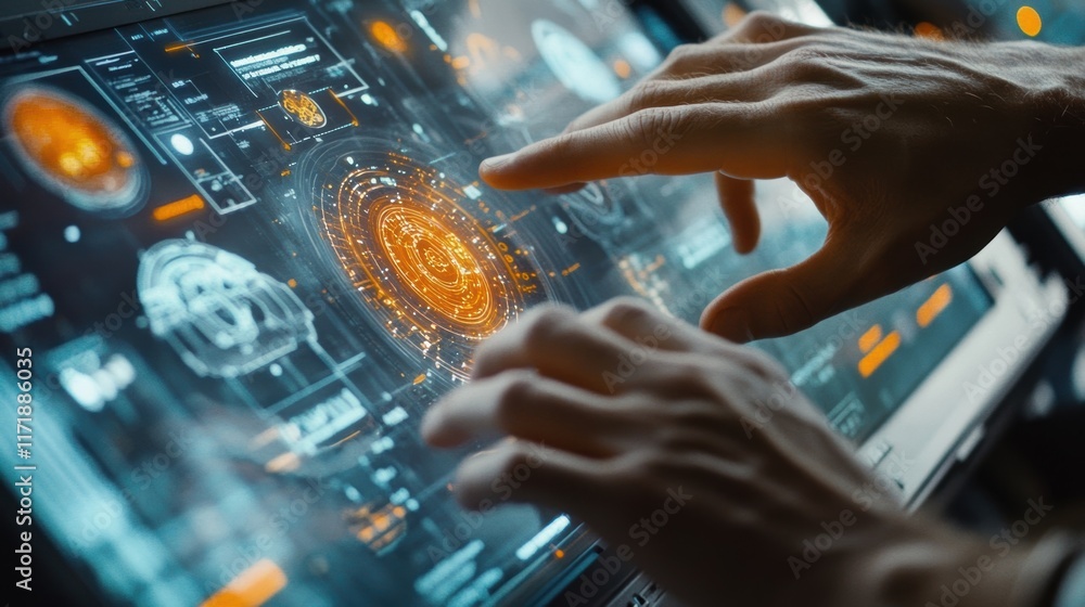 Poster scientist hands interacting with a futuristic transparent touchscreen interface, displaying holograp