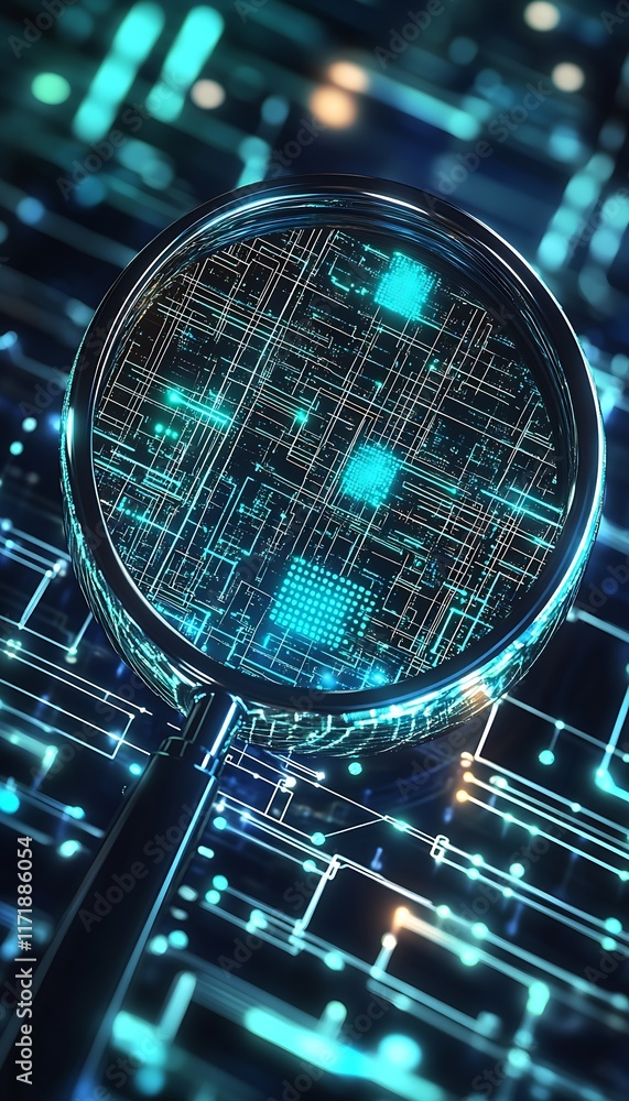 Poster Cyber Network Analysis with Magnifying Glass Highlighting Digital Circuitry Design : Generative AI